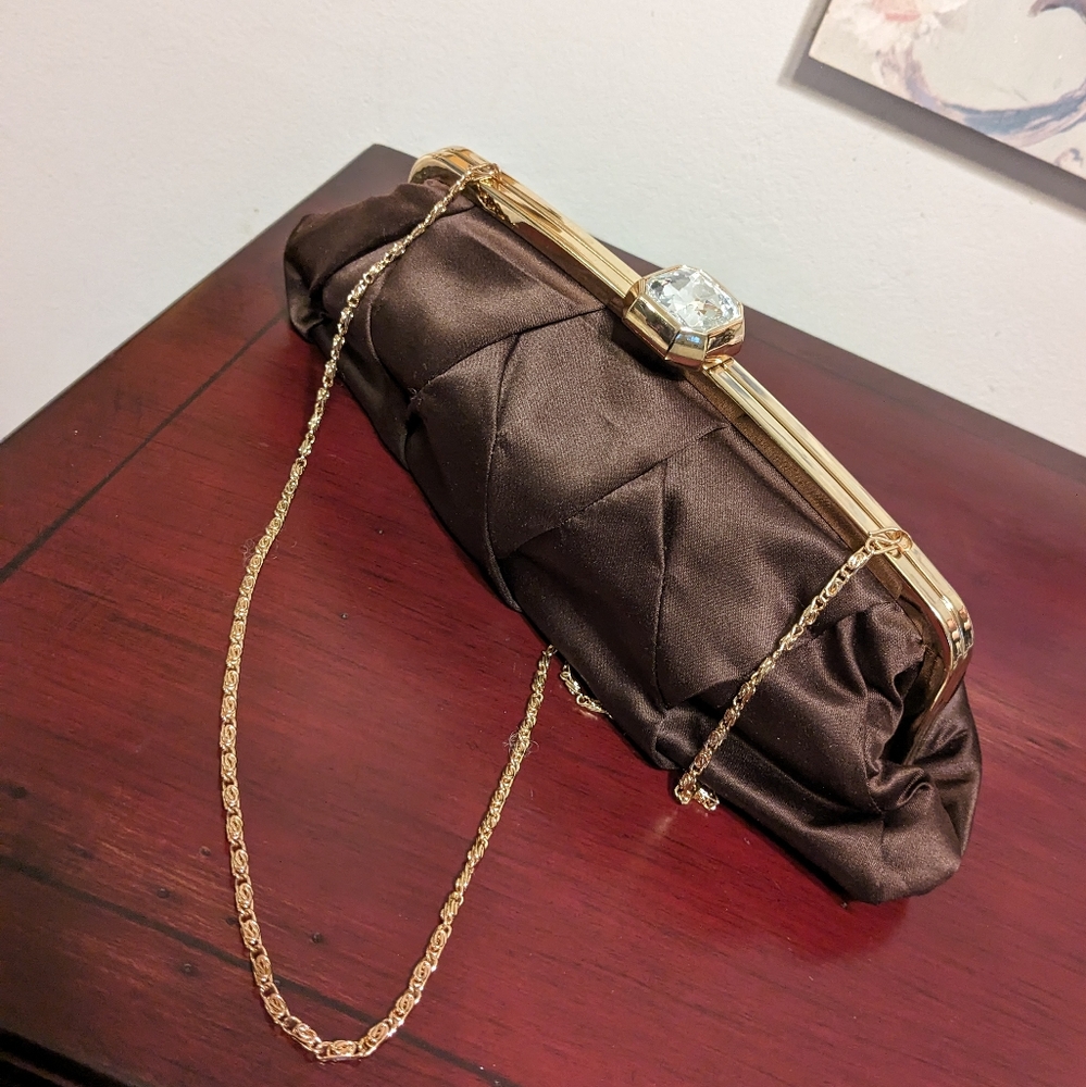Lulu Townsend Clutch w/ Rhinestone Clasp & Chain Strap Brown Quilted Satin EUC